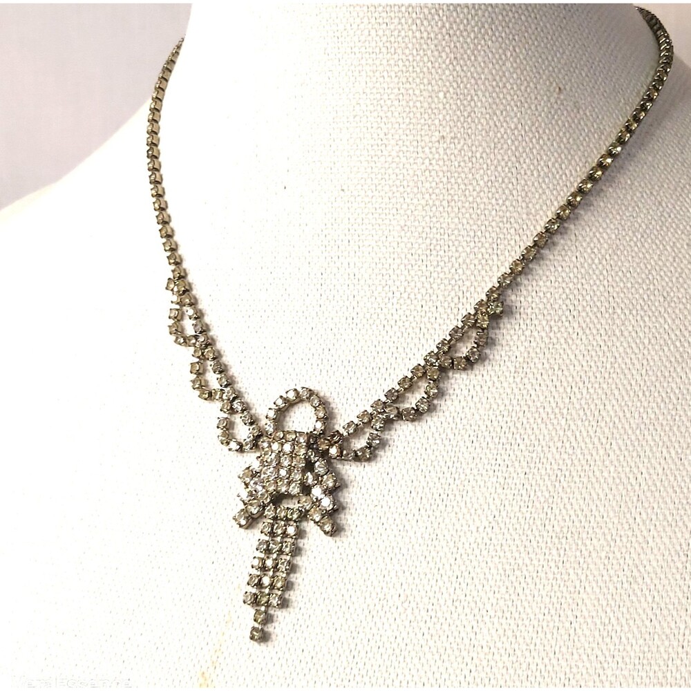 Vintage 1950s Victorian Rhinestone Necklace Clear Crystal Statement 16" Adj